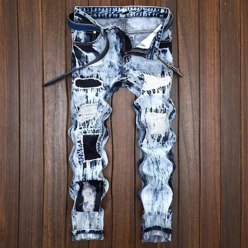 Jean déchiré en Patchwork brodé pour hommes (sans ceinture), pantalon en Denim pour moto, Slim, à la mode, vêtements de styliste pour hommes