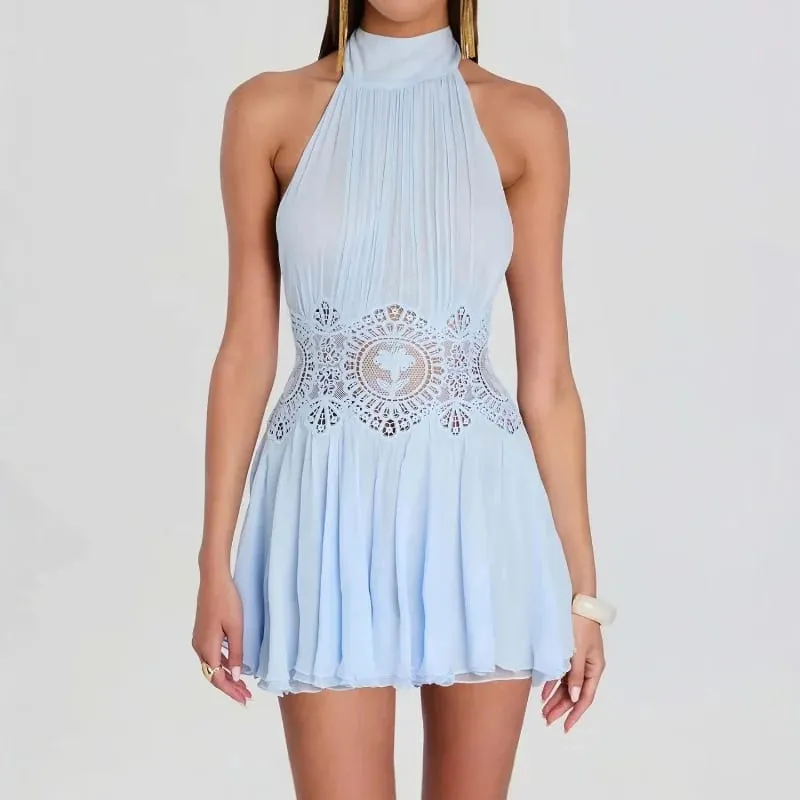 Sexy Frauen Plissee Patchwork Mini Kleid Halter Hohl Backless Band Blau A-linie Kleider 2026 Sommer Strand Urlaub Vestidos — image 4