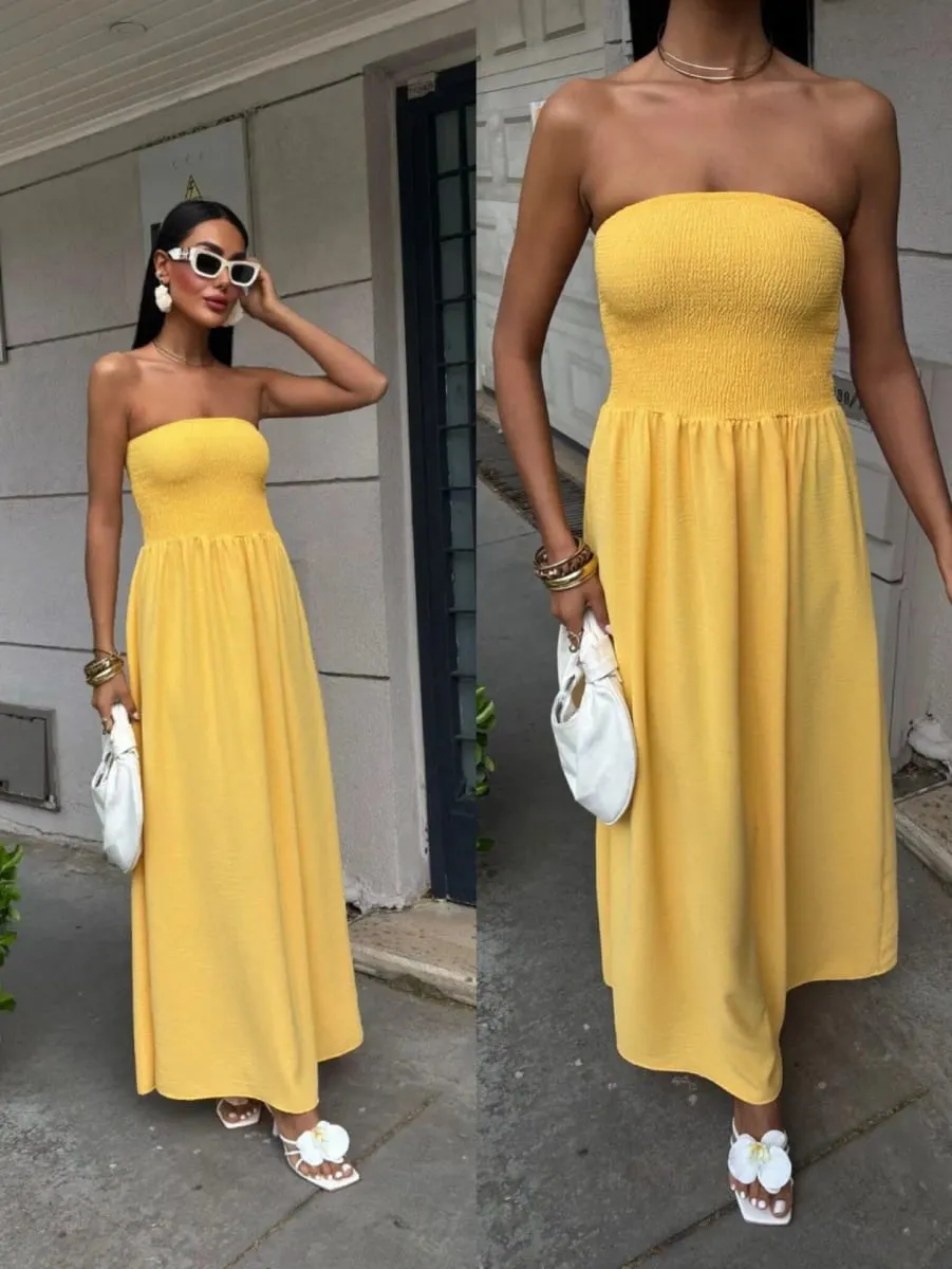 Robe longue sans bretelles, couleur unie, épaules dénudées, cintrée à la taille, pour femmes, nouvelle mode d'été 2026 — image 6