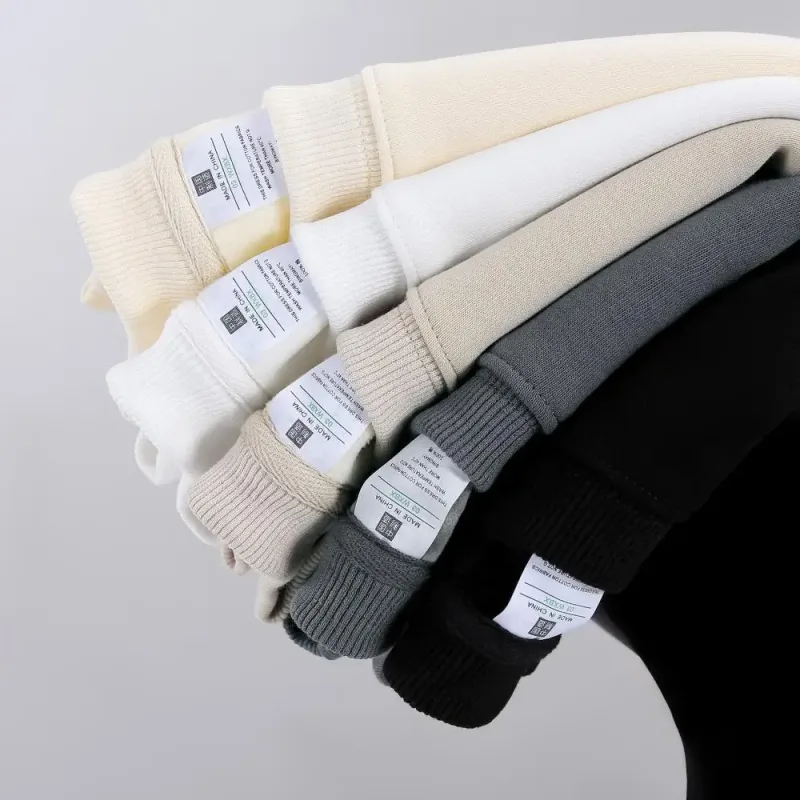 600g Baju Sweat 100% Kapas Bersaiz Besar Lelaki untuk Musim Sejuk Pepejal Beige Lengan Batwing Bulu Heavyweight Leher Krew Hoodies Termal — image 7