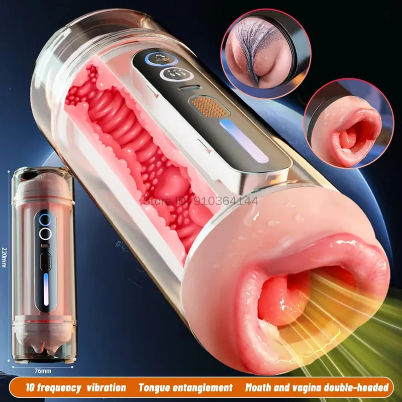 ที่สมจริงช่องปากช่องคลอดสองหัวใช้ชายMasturbatorอัตโนมัติVibrating Moaningพ็อกเก็ตหีเสียงอมควยคัพเพศของเล่นสำหรับผู้ชาย