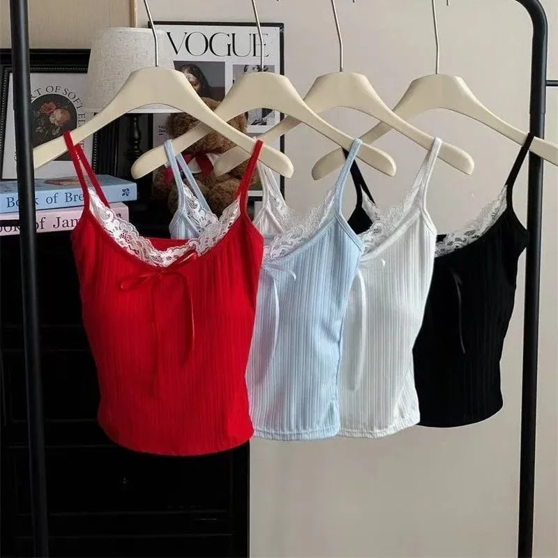 Hiasan Renda Patchwork Seksi Baju Atasan Camis Kasual Manis Ramping Pejal Leher V Tanpa Lengan Baju Kebal Comel Wanita 2025 Musim Panas Streetwear Wanita — image 3