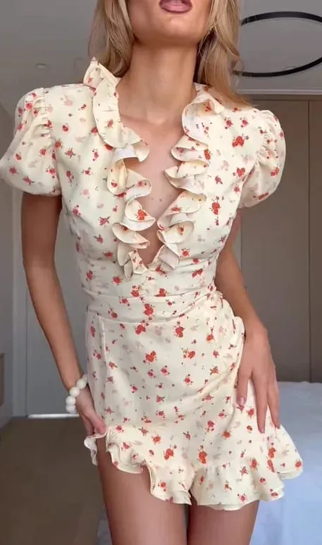 Printed Deep V-neck Short Puff Sleeves Dresses Lady Casual High Waisted Layered Ruffle Hem Mini Dress Spring Party Dating Gowns