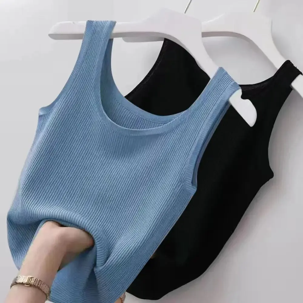 2024 Polyester Sexy košilka bez rukávů Základní top Jednobarevné Letní Košilka Streetwear Trička Tričko Jarní Pletené Tílko Dámské — image 7