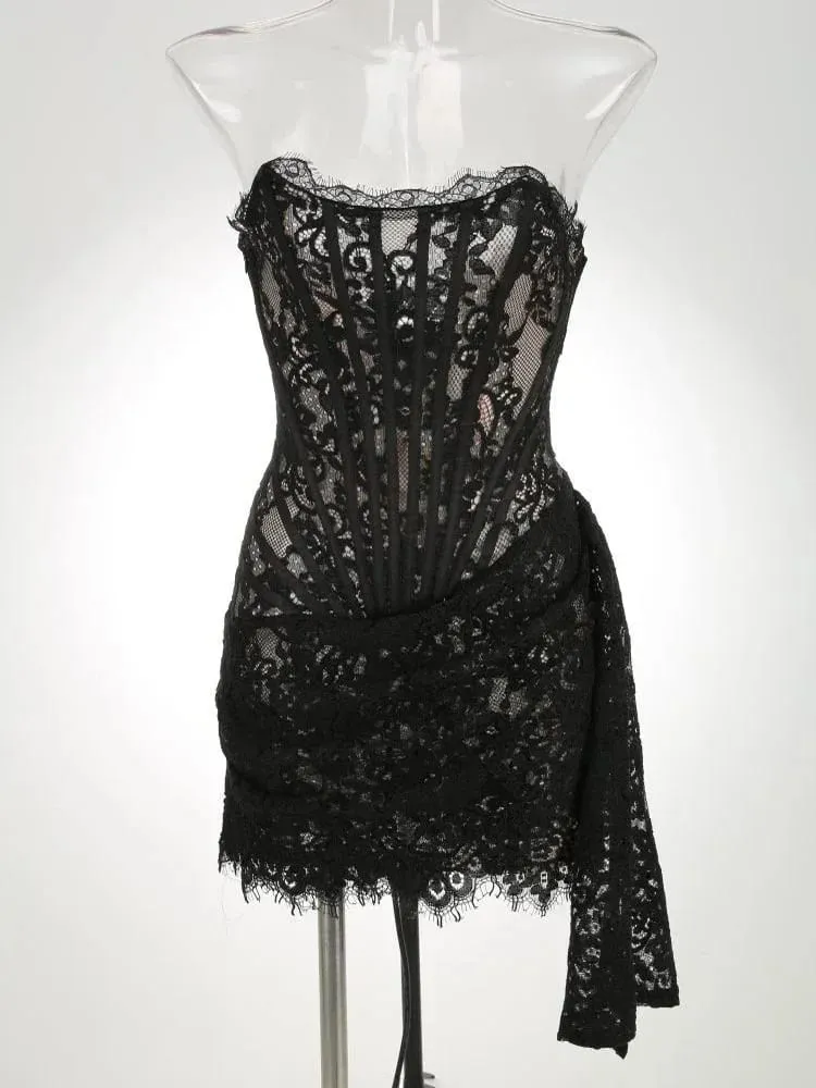 Sexy Lace See-through Patchwork Corset Dress Female Bodycon Elegant Party MIrrgualr Mini Dress Women Tube Top Dress New — image 6