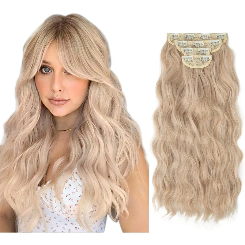สังเคราะห์ยาวหยักคลิปในส่วนขยายของผม 22 "4 ชิ้น/เซ็ตหนา Hairpiece สำหรับผู้หญิงสีบลอนด์สีน้ำตาลสีดำธรรมชาติผมปลอม — image 16