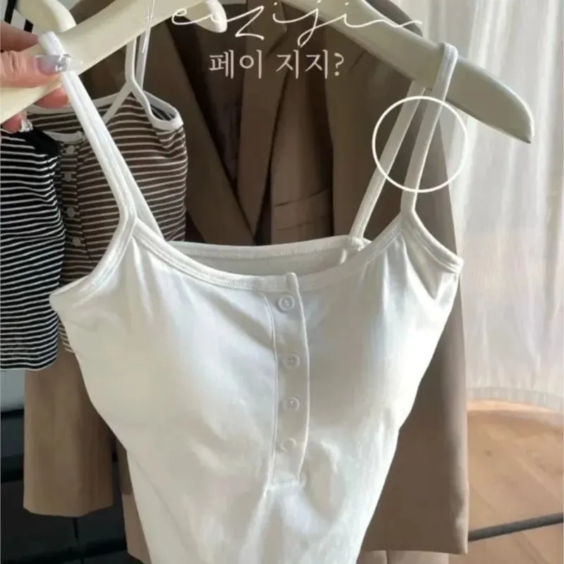 Jaket Wanita Berjalur Bersepadu Pakaian Dalaman Butang Pakai Luar Cawan Tetap Tanpa Bra Sukan Atasan Kapas Gaya Pendek 100% Rompi Pendek — image 6