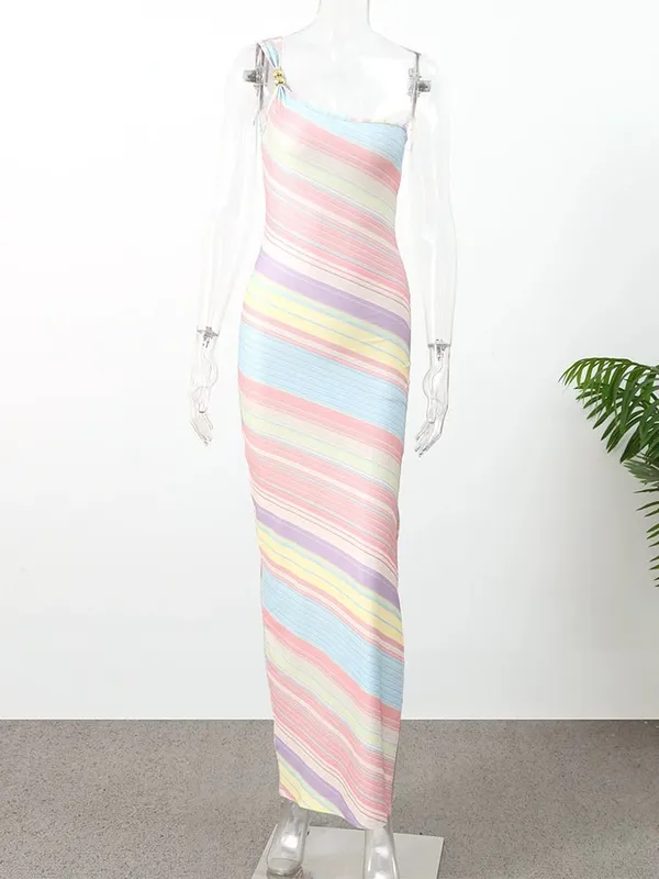 여성 레인보우 스트라이프 니트 맥시 드레스 원 숄더 싱글 스트랩 사이드 스플릿 Bodycon Vestidos 여름 해변 휴가 파티 가운 2026