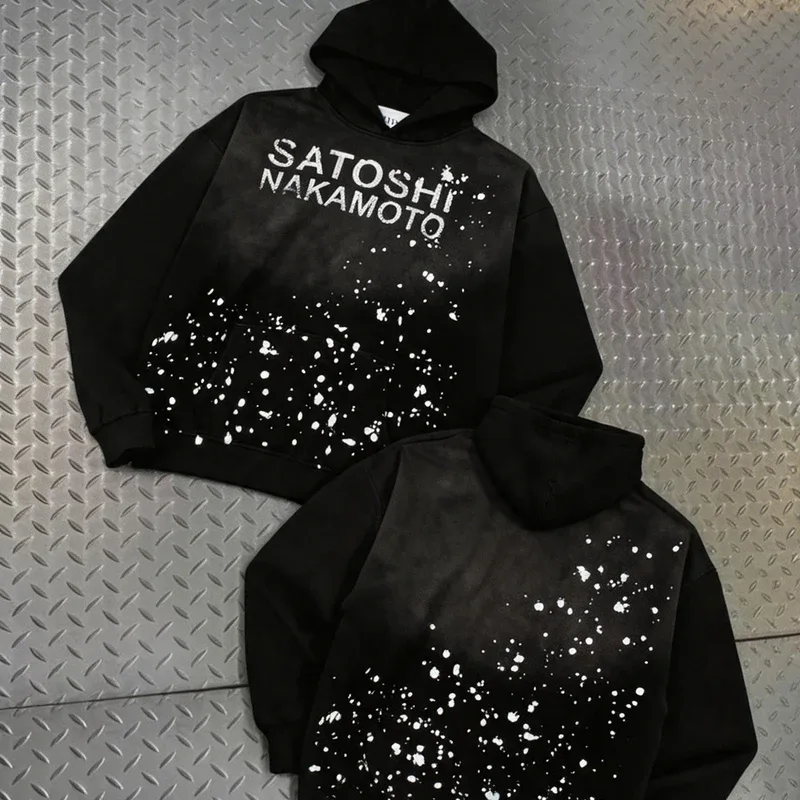 Hoodies Pullover 26ss Vintage Embroidery Leather Pattern Glittering Diamond Print Men's Hooded Hip Hop Style Sweatshirts
