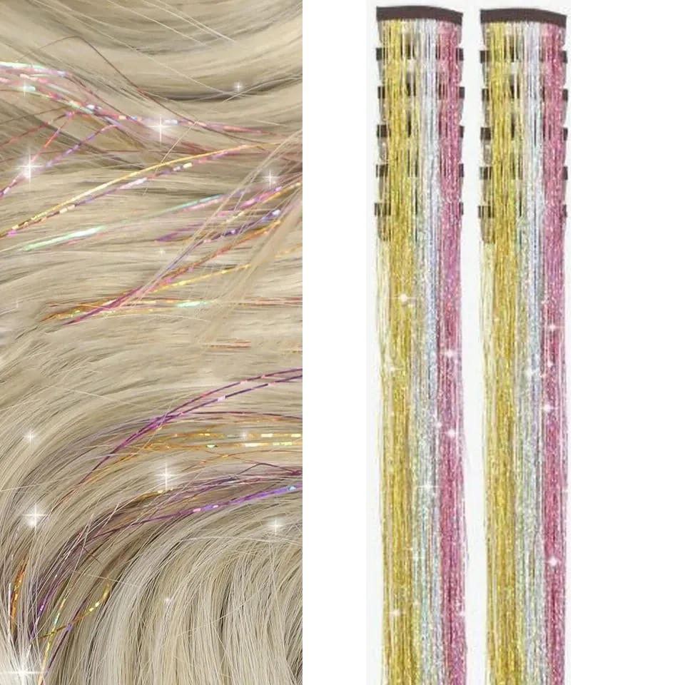 12 pièces/paquet Extensions de cheveux blonds scintillants pince en arc-en-ciel brillant étincelant guirlandes de cheveux résistant à la chaleur étincelle Extensions de cheveux pour W — image 15