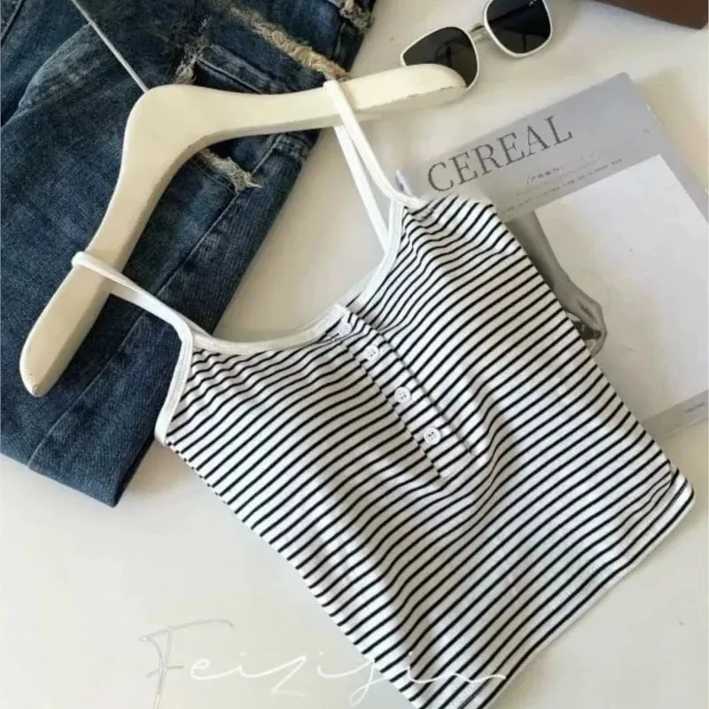 Jaket Wanita Berjalur Bersepadu Pakaian Dalaman Butang Pakai Luar Cawan Tetap Tanpa Bra Sukan Atasan Kapas Gaya Pendek 100% Rompi Pendek — image 5