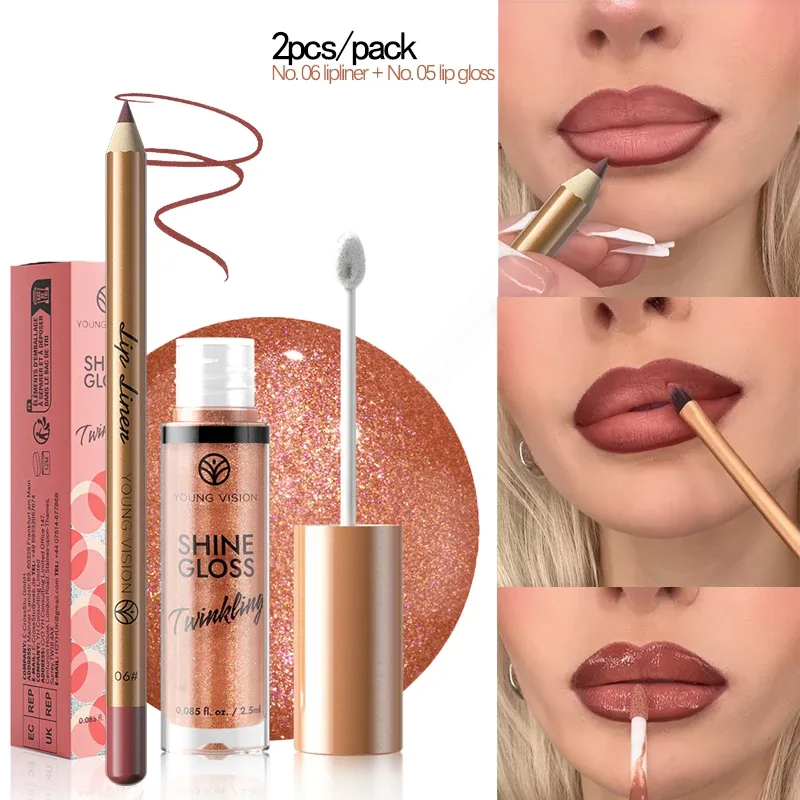 2 PC ชุด Matte Lip Liner และ Starry Glitter ลิปกลอส Pearlescent Fine Shimmer Long-Lasting Hydration ไม่เหนียวเหนอะหนะแต่งหน้า