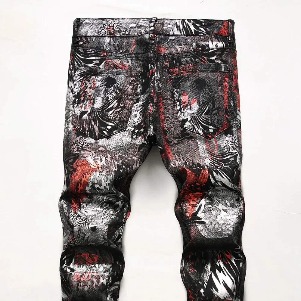 Jeans in denim rivestiti da uomo Pantaloni stampati con motivo astratto leopardato shinny Pantaloni slim affusolati — image 4