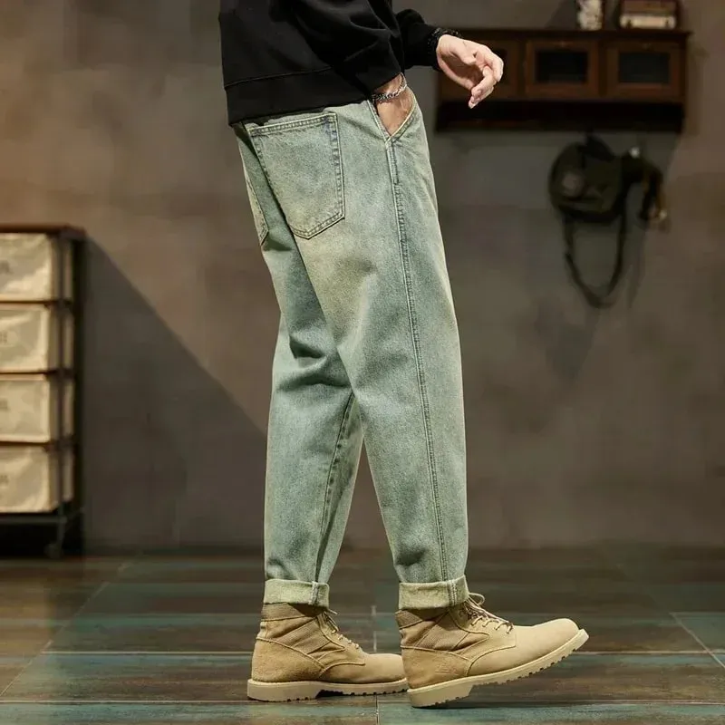 Mænds forår 2026 løse haremsbukser Denim Retro Solid Komfortable Harajuku lige jeans Simple Fashion Alsidige Cargo-bukser — image 5
