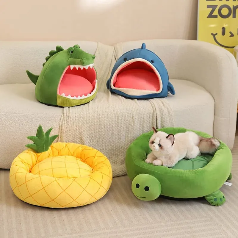 Tempat Tidur Hewan Peliharaan Sarang Tidur Hangat Lembut Berbentuk Nanas Hiu Tersedia Semua Musim Dirancang Khusus untuk Hadiah Hewan Peliharaan Kucing dan Anjing — image 7