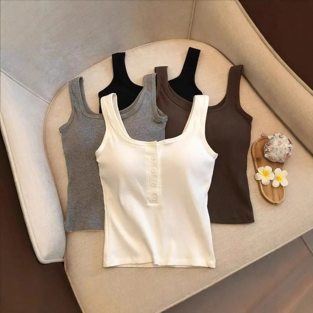 1-teiliges geripptes Henley-Tanktop für Damen mit quadratischem Ausschnitt und Knopfleiste vorne, integrierter BH, ärmelloses Leibchen — image 2