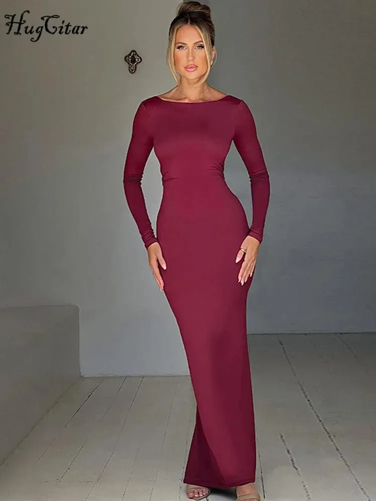 Hugcitar Spring Elegant Langærmet Rygløs Solid Cuched Sexet Bodycon Maxi Gallakjole Kvinder Outfit Aften Fest Festival Y2K