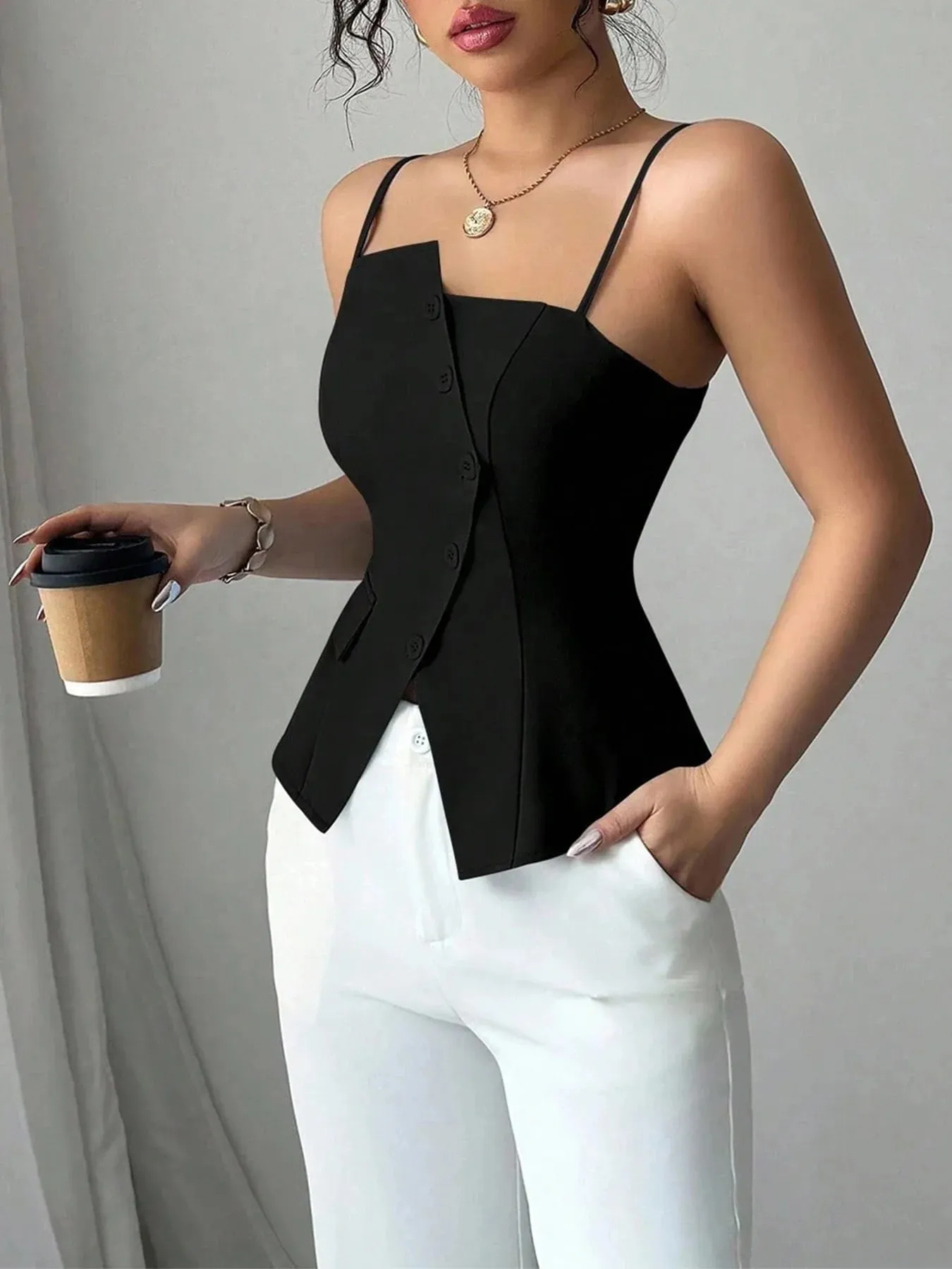 Damen-Cami-Top mit dünnen Trägern, asymmetrischem Knopf-Cami-Top, Knopf-Blazer-Weste, passend für elegante, schicke Bekleidung, Oberteile für Frühling, Sommer, Alltag — image 5