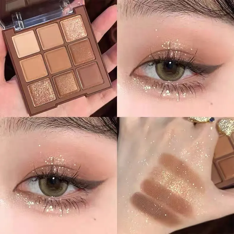 Palette di ombretti glitterati a 9 colori Palette di ombretti acrilici opachi luccicanti marrone cioccolato Cosmetici per trucco coreano impermeabili — image 4