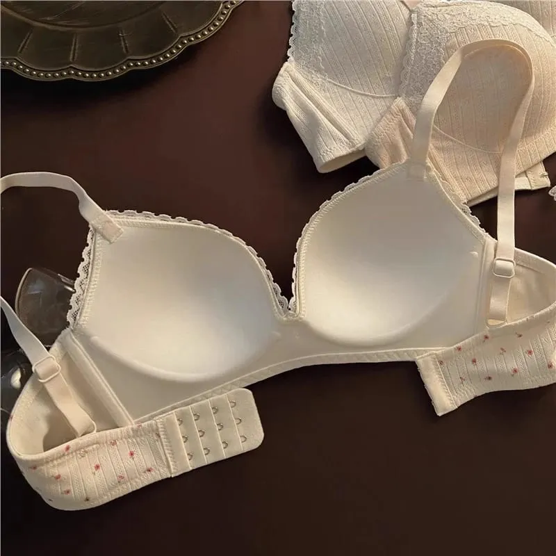 Sweet Girl Lace Edge Floral Bra Set Women Non-steel Ring Beauty Back No Steel Hoop Anti Sagging Underwear Cotton Comfortable Bra — image 6