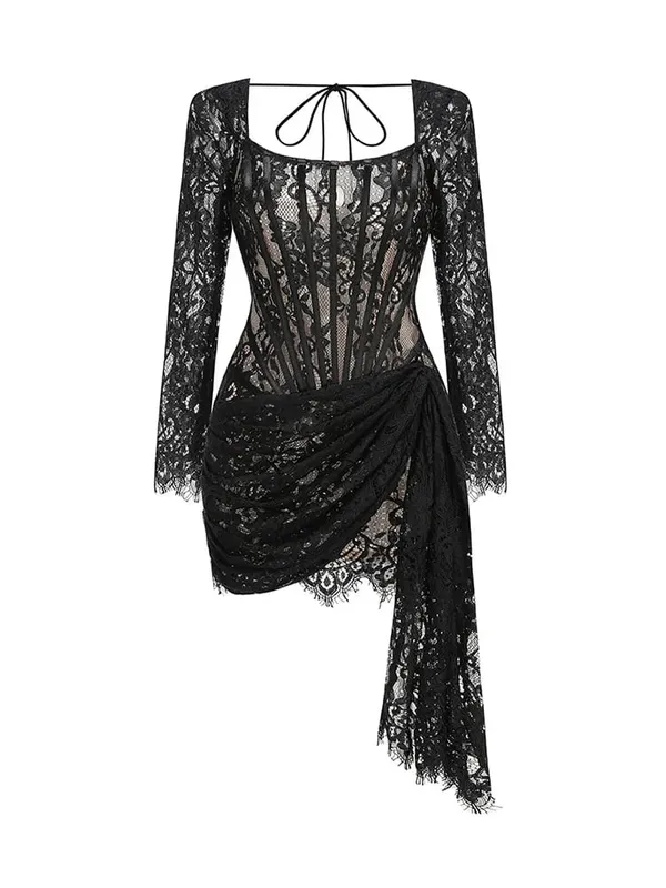 Sexy Lace See-through Patchwork Corset Dress Female Bodycon Elegant Party MIrrgualr Mini Dress Women Tube Top Dress New — image 13