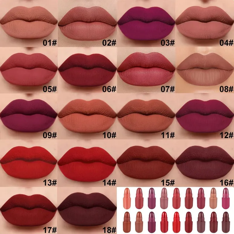 18 Pz/set Capsula Opaca Rossetto Set Fissaggio del Colore Della Durata di Impermeabile Antiaderente Tazza Bocca Trucco Nude Labbra Sexy Solido Lip Gloss