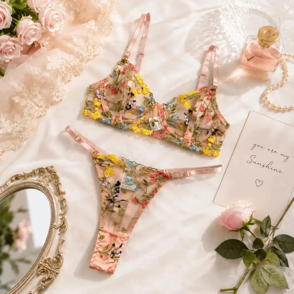 Sheer Intimates ชุดชั้นในโปร่งใสชุด Ultra-thin Elegant เย็บปักถักร้อยดอกไม้ชุดชั้นใน Push Up กางเกง Bra ชุดผู้หญิง — image 3