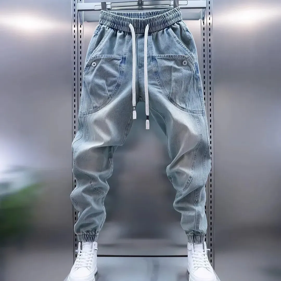 Jean élastique de rue pour hommes, pantalon Cargo en Denim, couleur unie, multi-poches, décontracté, taille moyenne, tenue quotidienne, jogging — image 10