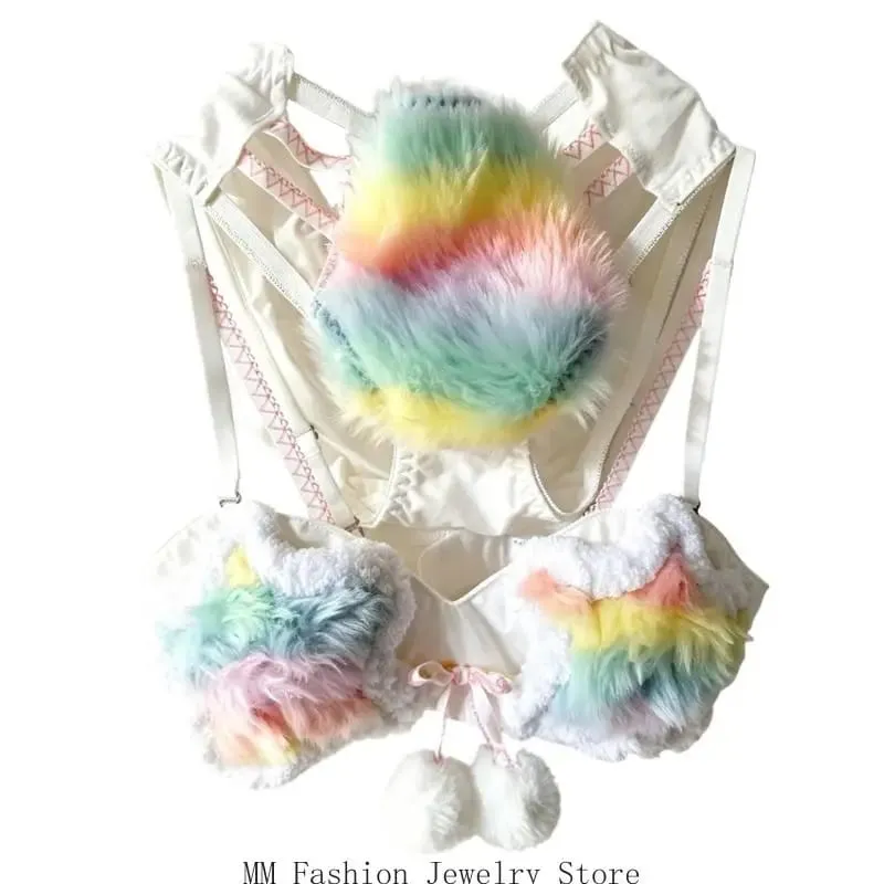 Womens Plush Rainbow Star 2 Piece Bra and Panty Set without Underwire Furry Lingerie Underwear for Cosplay or D0UB