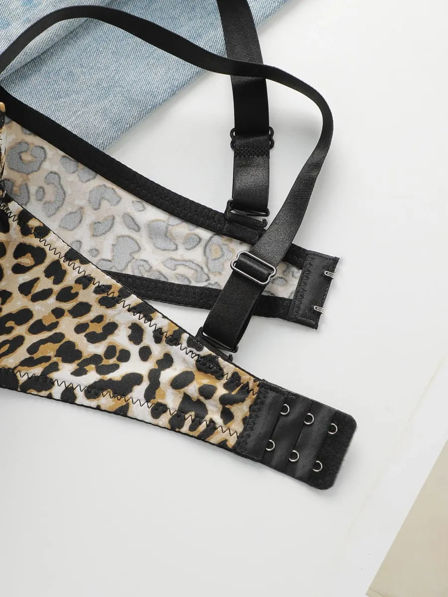 Sexet leopardprint 2-delt sæt med rynket løft og fortykket stål støtte bh sæt til dameundertøj B2051 — image 4