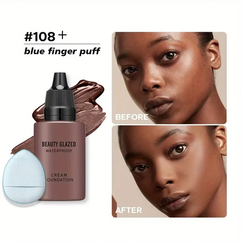 Alas Bedak + Puff Baru 2024 Alas Bedak Cakupan Penuh Matte Cair Alas Bedak Alami Matte Tahan Air dengan Puff Jempol Biru