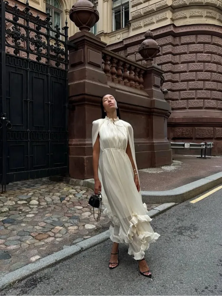 Gaun Maxi Bergolek Berbilang Lapisan Pepejal Wanita Gaun Pesta Percutian Tinggi Tanpa Lengan Tanpa Lengan Elegan Wanita Gaun Pesta Percutian yang bergaya — image 5