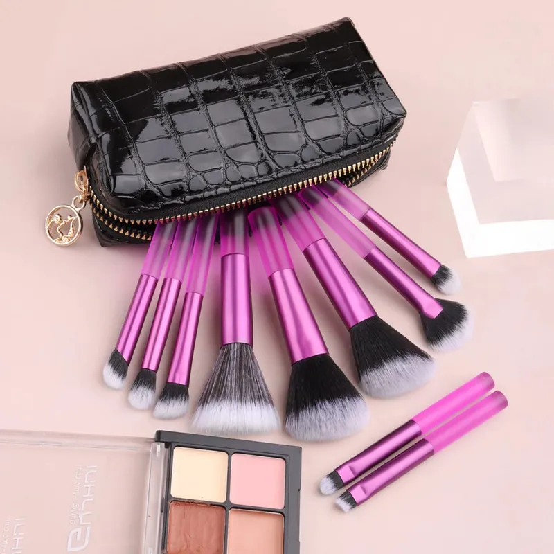 10Pcs Full Face Makeup Brush Kit Crocodile Grain Zipper Bag Powder Contour Shadow Brow Eyelash Cosmetic Brushes — image 10