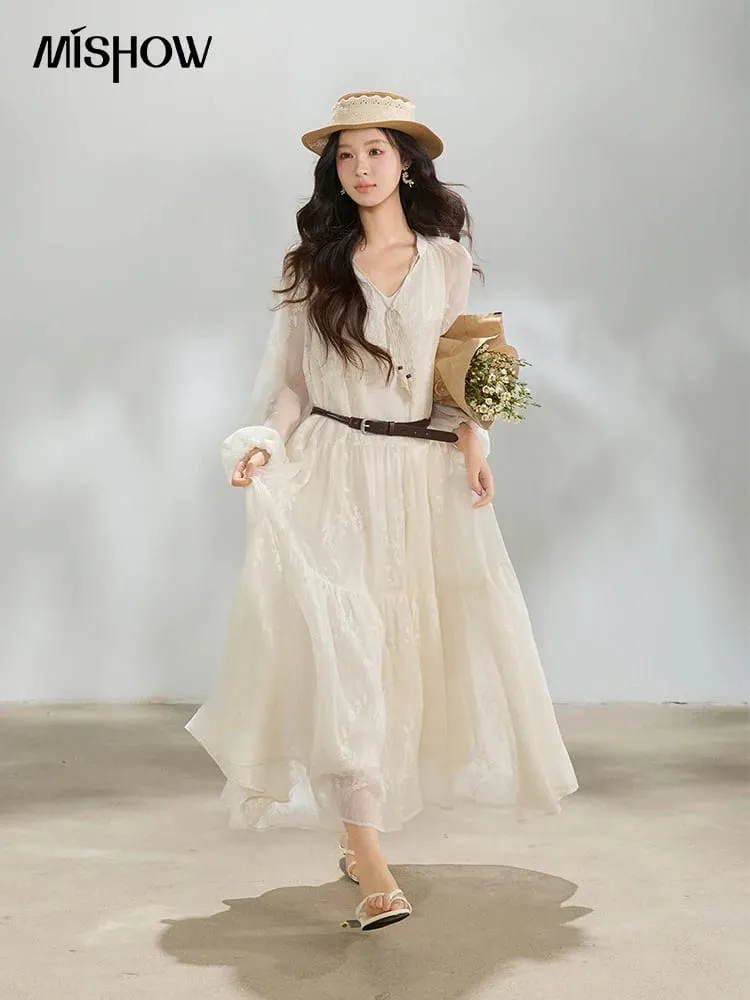 Robe Maxi brodée à manches longues avec ceinture, en mousseline de soie unie, à volants, col en V, cravate, couleur unie, printemps 2026, MXF14L2562 — image 1