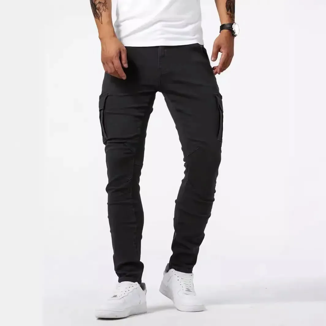 Panlalaking street stretch denim jeans wasshed solid color multi pocket work pants casual slim fit daily wear jogging pants mid wa — image 6