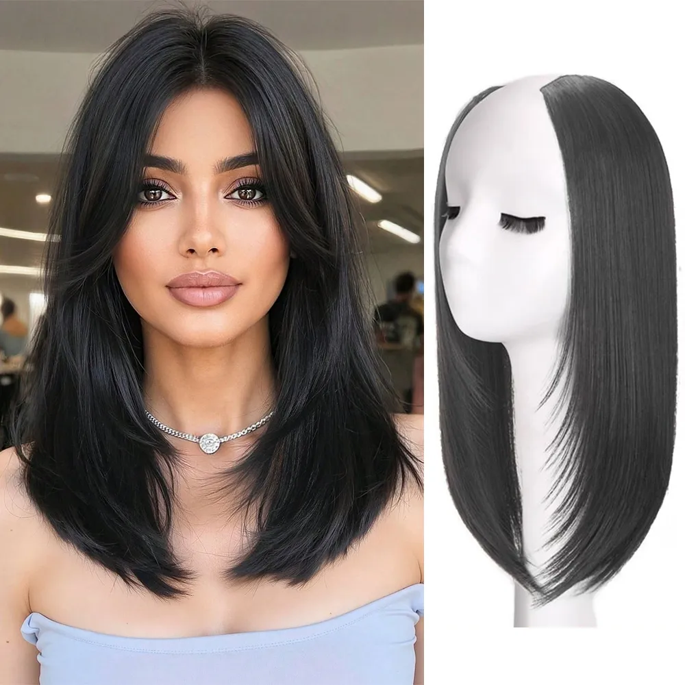Extensions de cheveux synthétiques invisibles à Clip, Extensions capillaires courtes et lisses de Type U pour femmes, postiche demi-perruque féminine — image 1