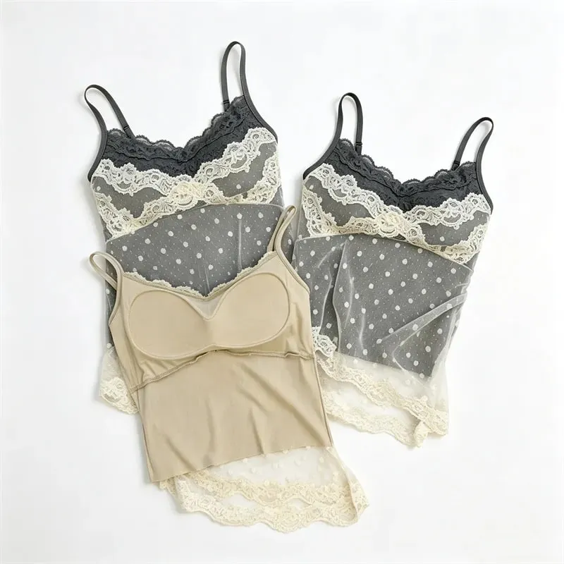 Women's Polka Dot Lace Spaghetti Strap Camisole with Pad Bust Adjustable Straps Side Lace Sexy Summer Daily Top A33079 — image 7
