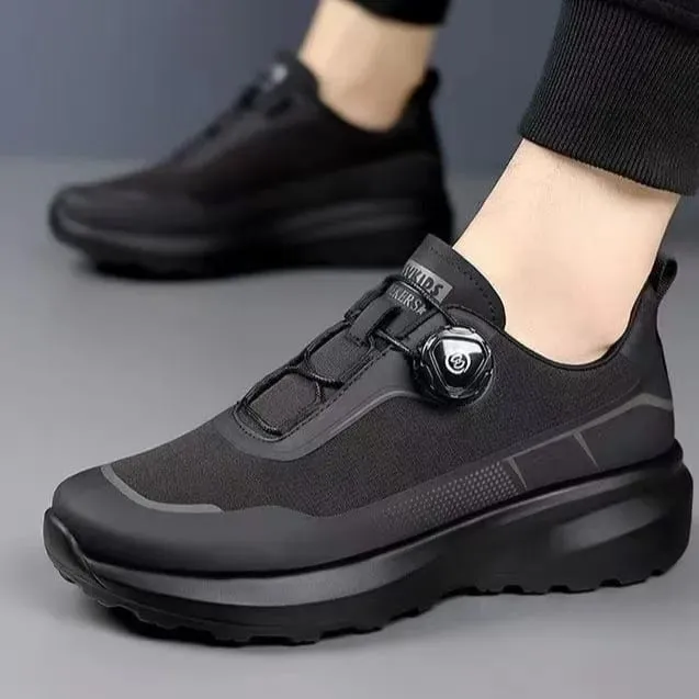 Men Black Casual Running Shoes Rotating Button Slip Resistant Thick Sole Outdoor Sneakers