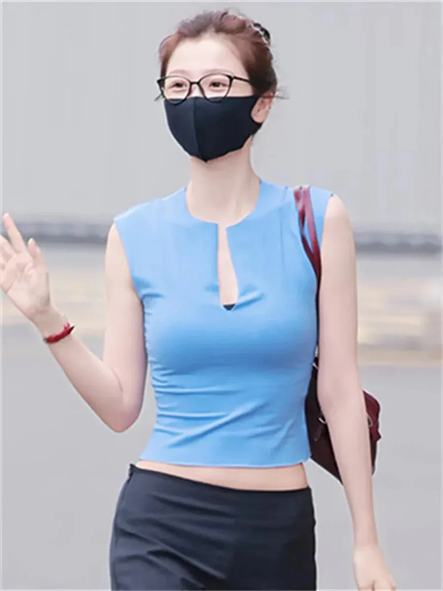 Kasual Puss Pelik Trend Tank Top Wanita Bergaya Klasik Split Patchwork Stretch Simple Sporty Streetwera Fesyen Asas Vest Harian — image 5