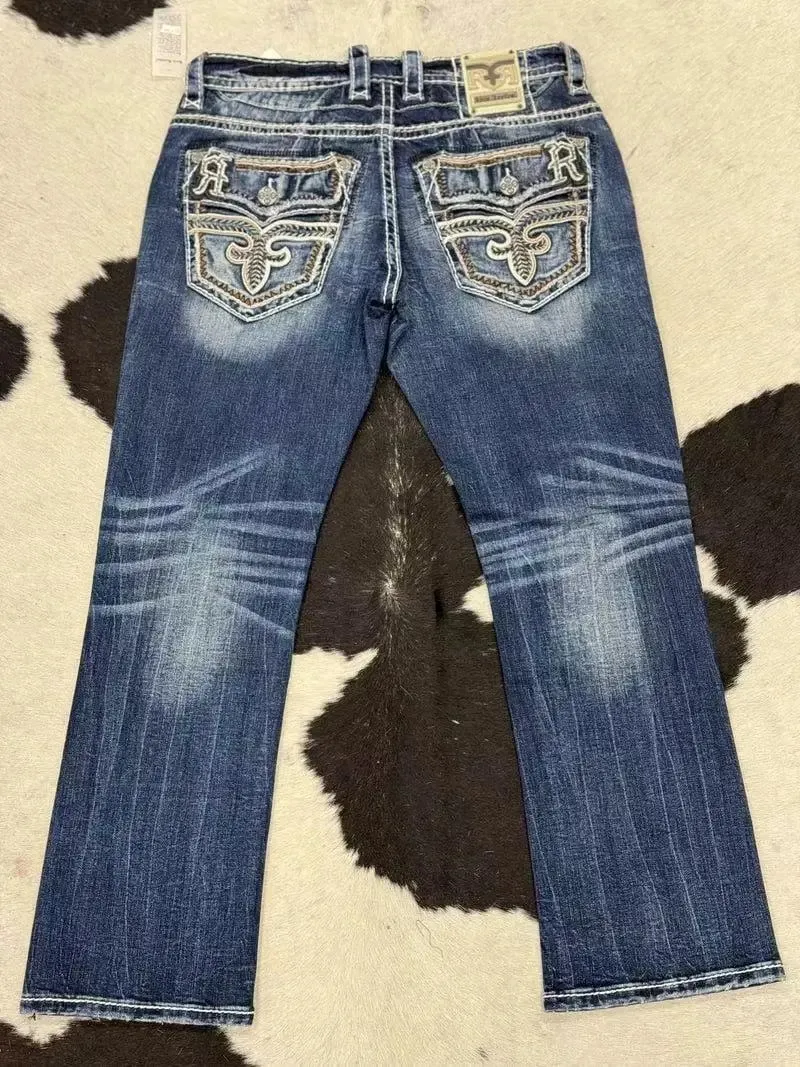 Retro trendy brand washed high elastic wide leg flared jeans Y2K summer blue embroidery American Gothic new fashion heavy street — image 5