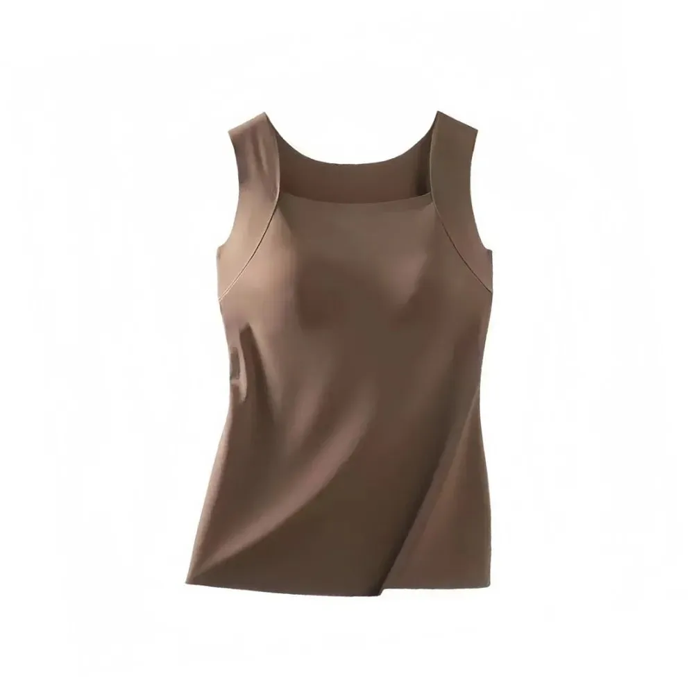 Built-in Bra Seamless Camisole Fixed Cup Solid Color Thermal Vest Stretchy U Neck Bottoming Underwear Multi-layer Wear — image 9