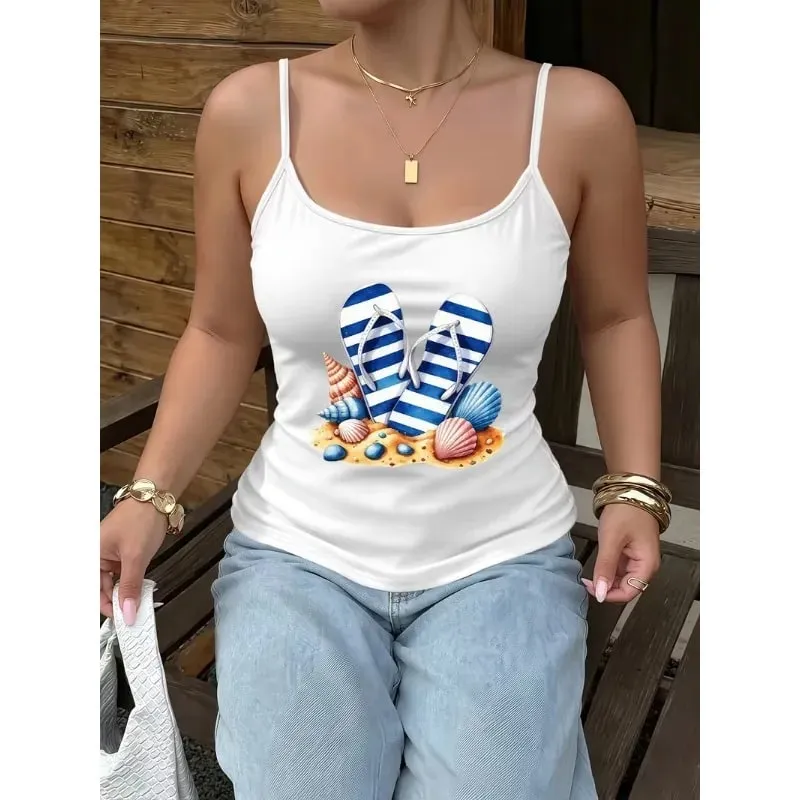 Wanita Musim Panas Spaghetti Strap Cami Tank Top Beach Flip‑flop Seashell Print Tanpa Lengan Kamisol Kasual Percutian Y2K Pakaian Harian Tops — image 1