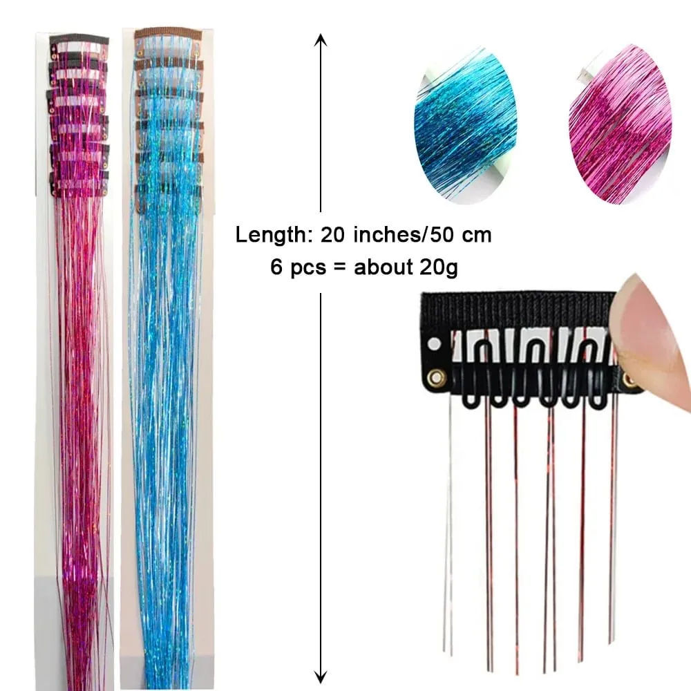 20 นิ้ว Glitter Tinsel Hair Extensions พร้อมคลิป 6 ชิ้น/เซ็ตสังเคราะห์คลิปใน Sparkle Fairy อุปกรณ์เสริมผมสำหรับเด็กผู้หญิง — image 3