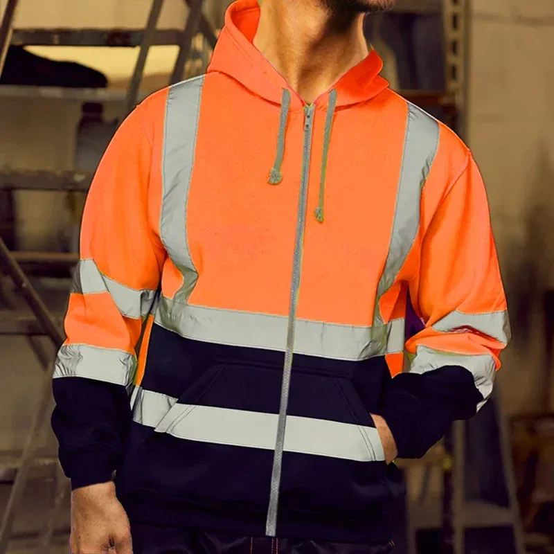 Sudaderas con capucha reflectantes de seguridad para el trabajo para hombre, chaqueta holgada con cordón y cremallera, Jersey fino de lana con capucha, abrigo, sudadera de trabajo informal — image 9