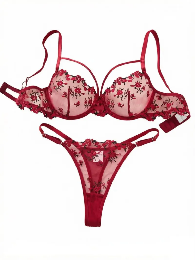 Ensemble de Lingerie Vintage en dentelle florale rouge vin, fines bretelles doubles, soutien-gorge en maille transparente, slip réglable Boudoir — image 1