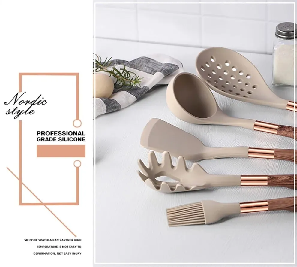 Silikone køkkenredskaber sæt non-stick non-stick varmebestandig spatel ske rose guld håndtag med spand Køkken gave — image 7
