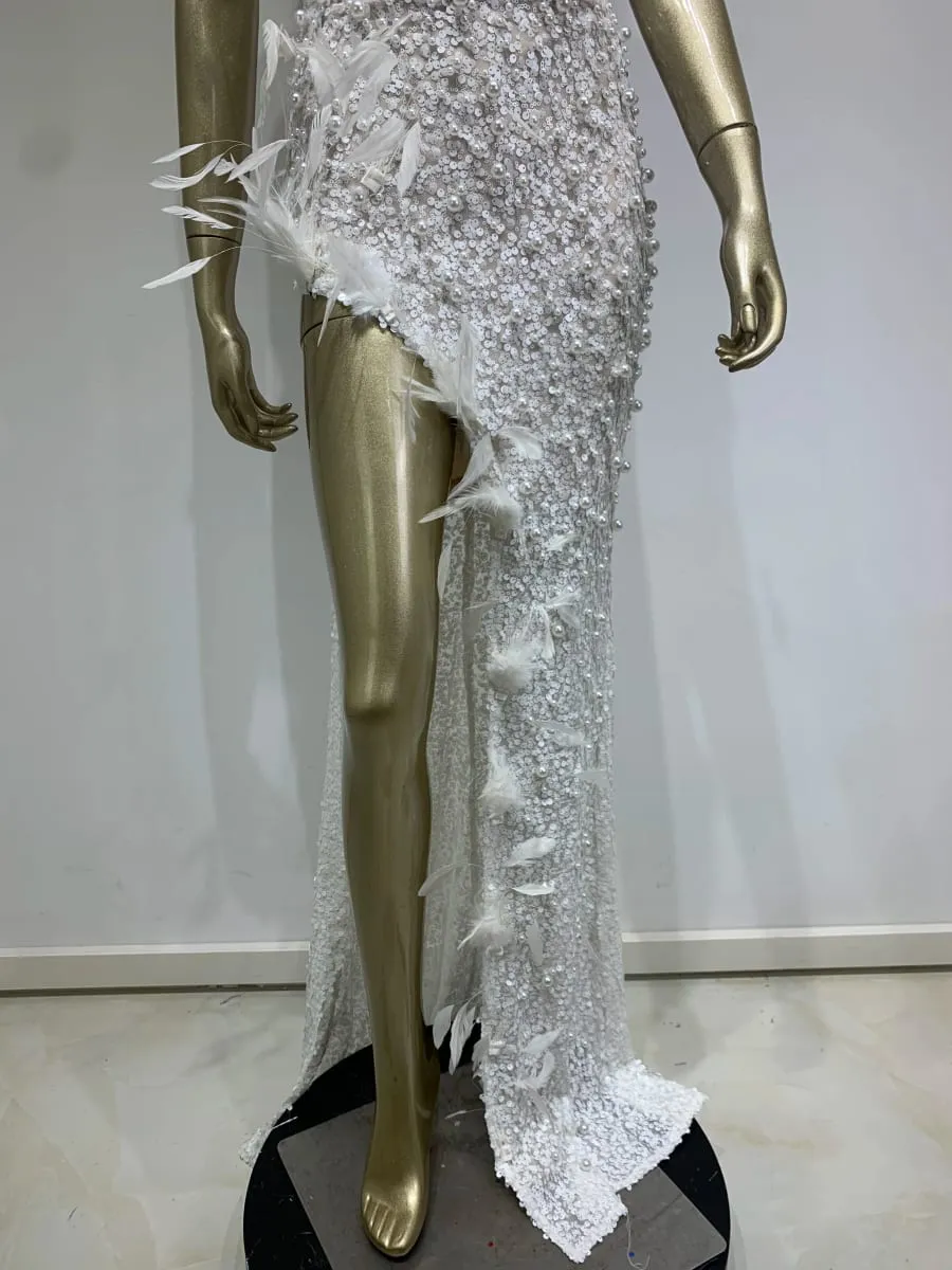 Luxus Sexy Liebsten Feder Pailletten Weiße Perle Maxi Lange Frauen Kleider Kleid 2024 Elegante Party Abend Bühne Leistung Kleid — image 6