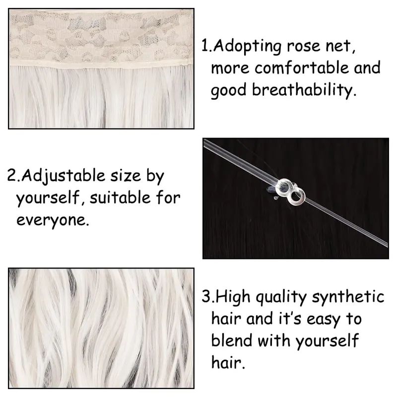 Estensioni dei capelli sintetiche senza clip regolabili con linea di pesce, parrucchino naturale biondo marrone ondulato lungo resistente al calore per le donne — image 4