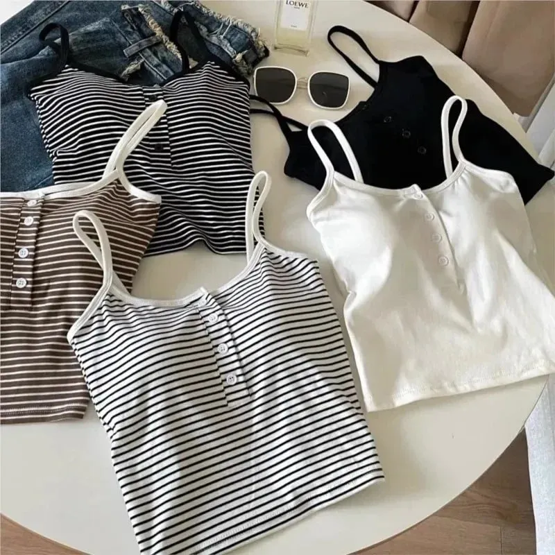 Jaket Wanita Berjalur Bersepadu Pakaian Dalaman Butang Pakai Luar Cawan Tetap Tanpa Bra Sukan Atasan Kapas Gaya Pendek 100% Rompi Pendek — image 8