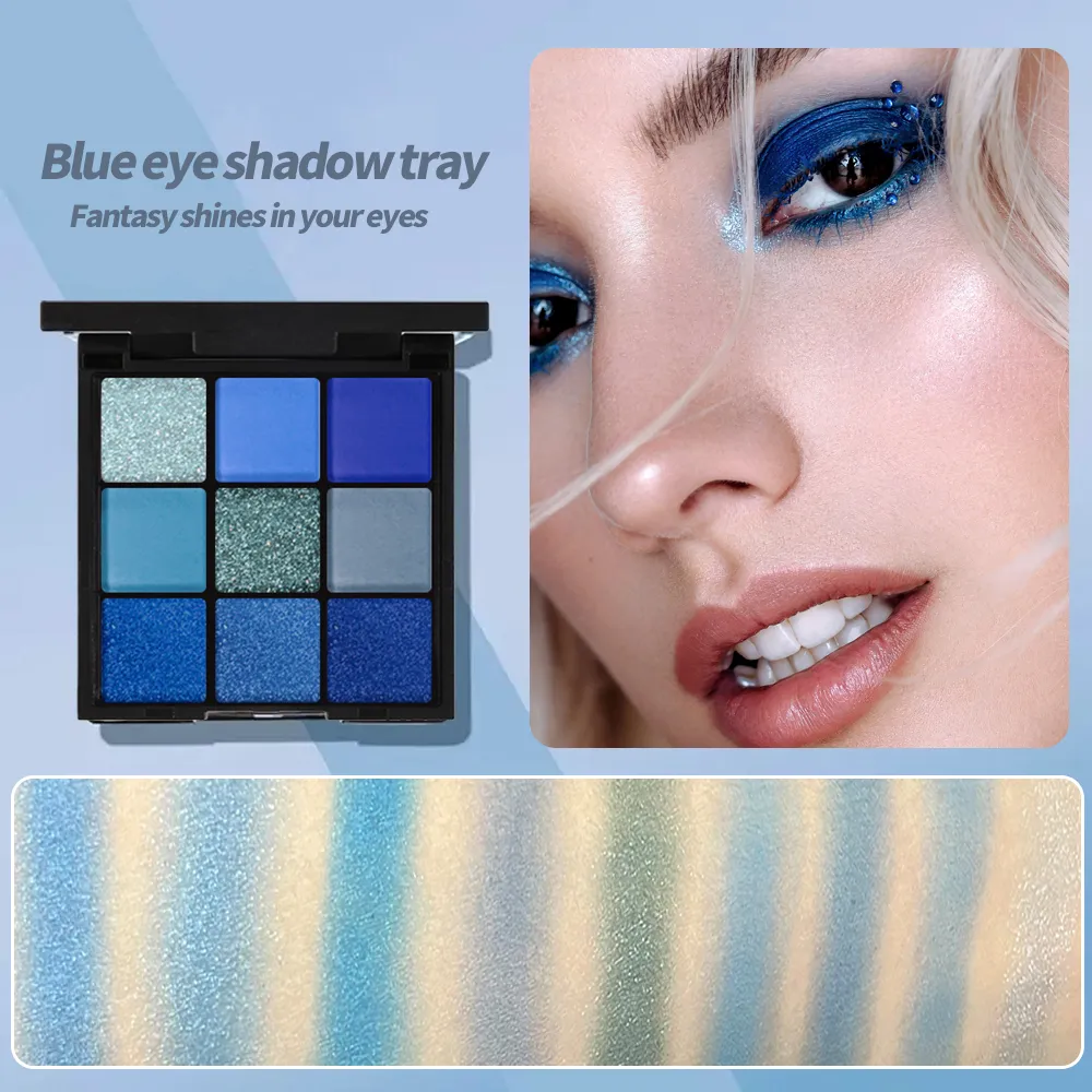 Palette de fards à paupières, 9 couleurs, bleu dauphin, résistant à la sueur, mat naturel, nacré, paillettes, maquillage pour les yeux, cosmétiques pour Festival de musique — image 6